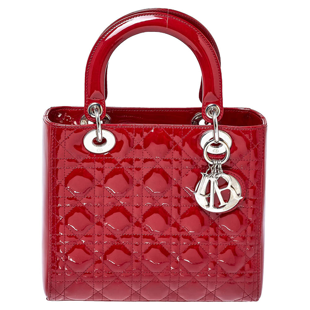 Pre Owned Dior Red Cannage Patent Leather Medium Lady Dior Tote