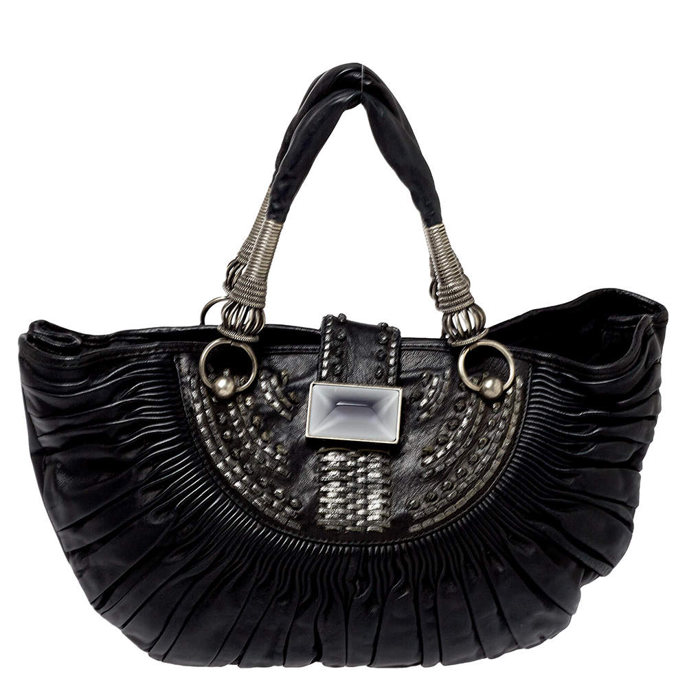 Pre Owned Dior Black Pleated Leather Plisse Tote