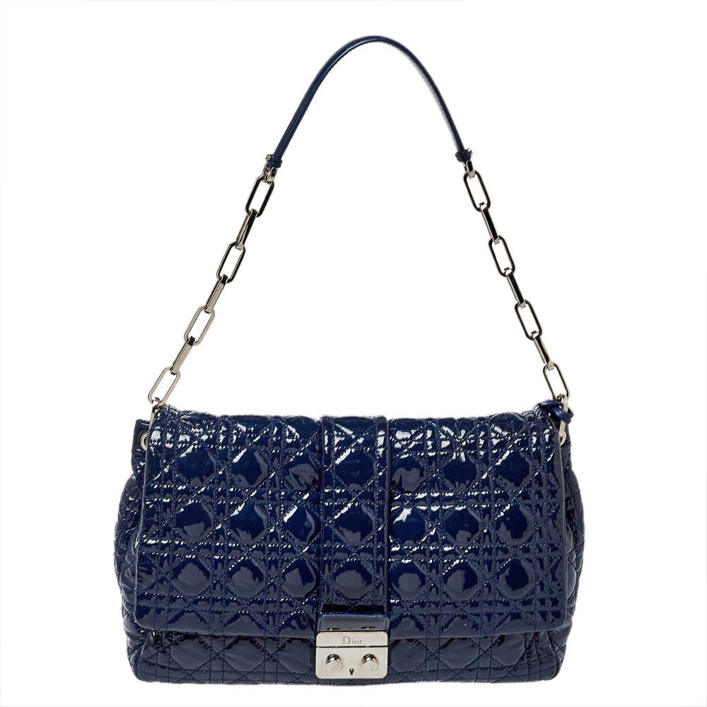 Pre Owned Dior Navy Blue Cannage Patent Leather Large New Lock Flap Shoulder Bag