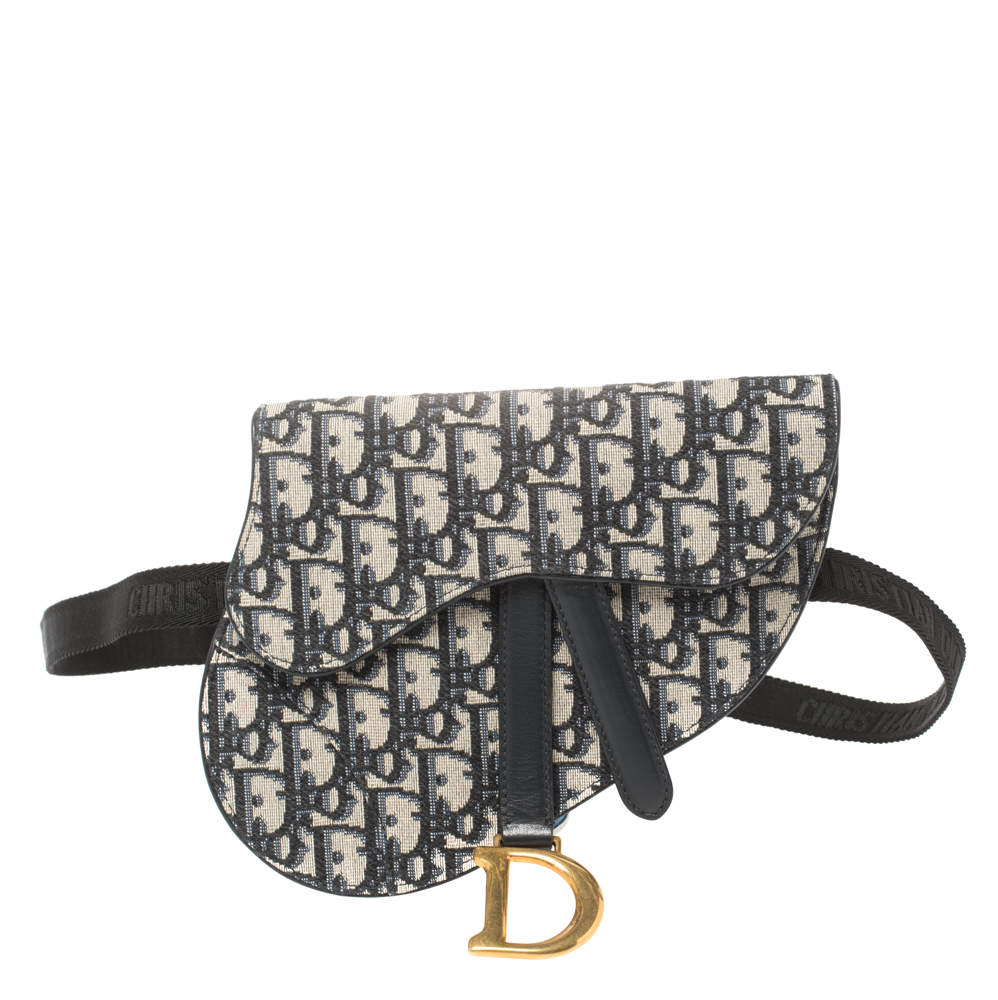 Pre Owned Dior Blue Oblique Canvas and Leather Saddle Belt Bag