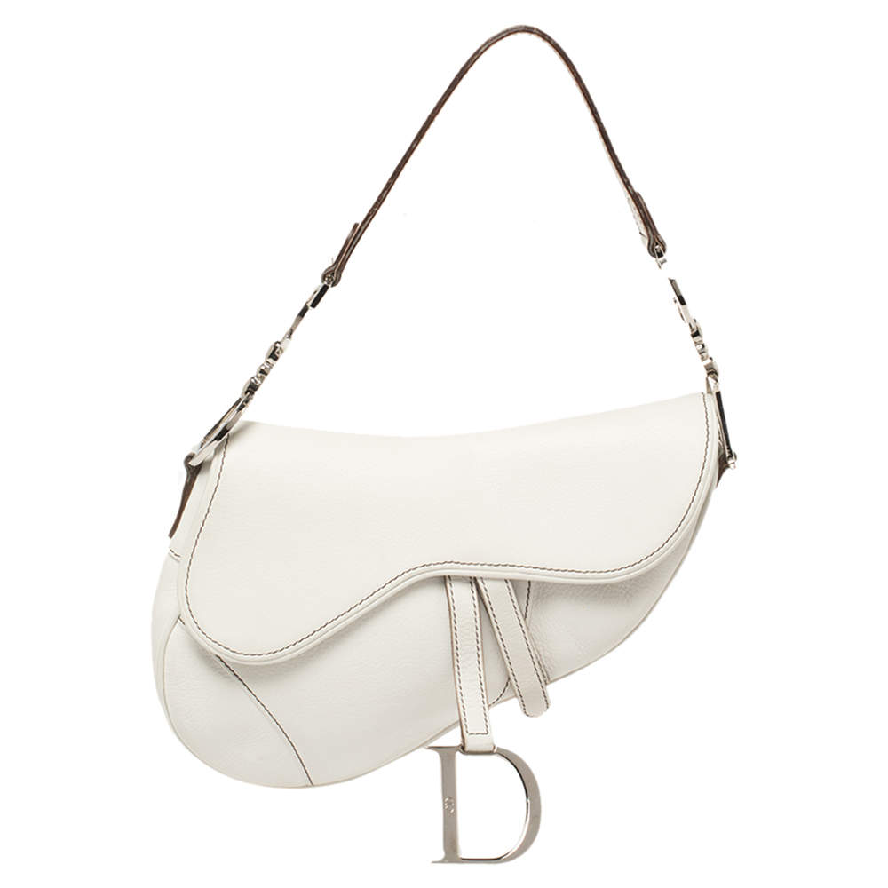 Dior White Leather Saddle Bag