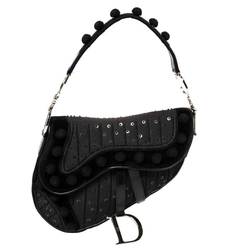 Pre Owned Dior Black Velvet/Nylon and Leather Vintage Pom Pom Embellished Saddle Bag