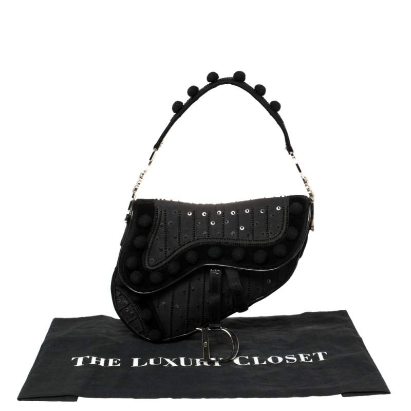 Dior Saddle Limited Edition Velvet Bag With Pom Poms in Black 
