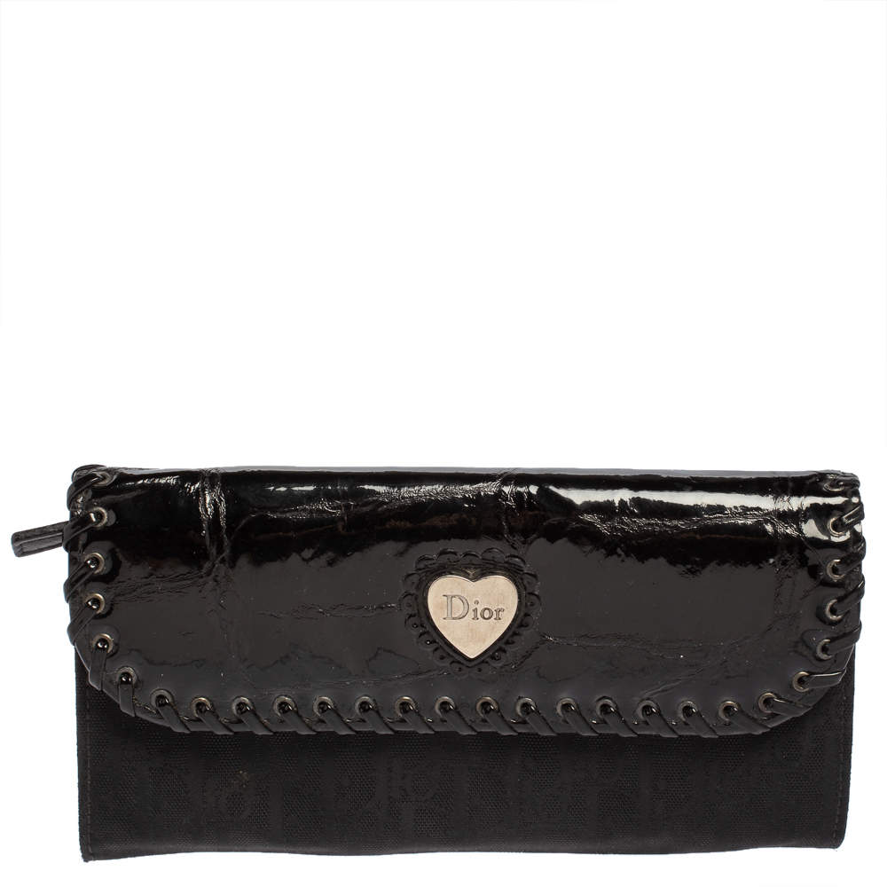 Pre Owned Dior Black Croc Embossed Patent Leather and Canvas Continental Wallet
