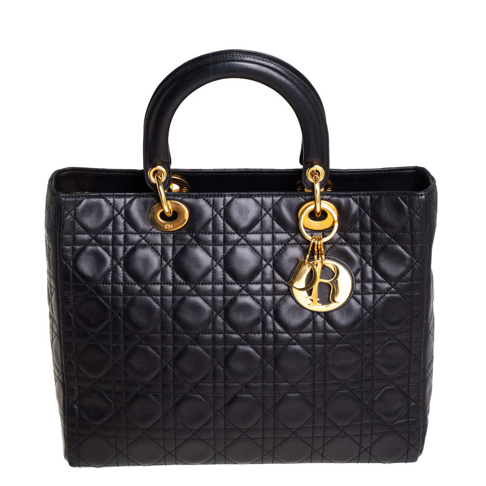 Pre Owned حقيبة يد ديور ليدى كبيرة جلد كاناج سوداء 