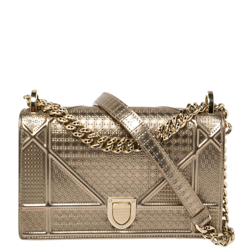 Pre Owned Dior Metallic Gold Micro Cannage Patent Leather Small Diorama Shoulder Bag