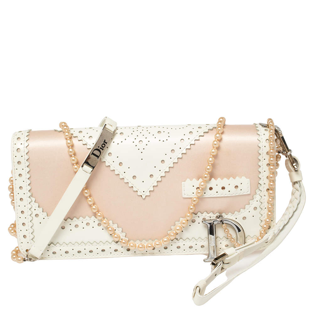 Dior Beige Satin and Patent Leather D'Trick Clutch