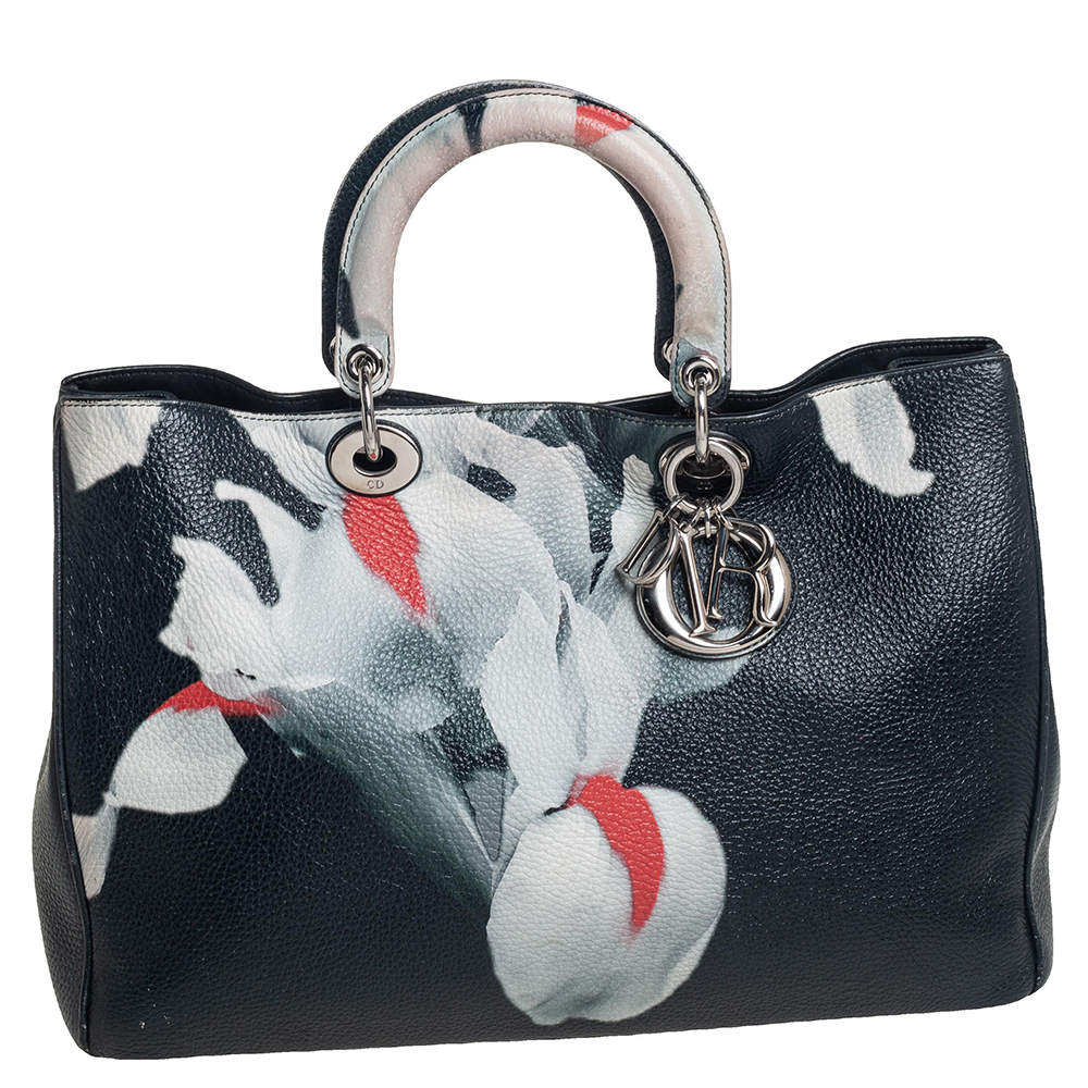 Pre Owned Dior Teal Green Flower Print Leather Large Diorissimo Shopper Tote