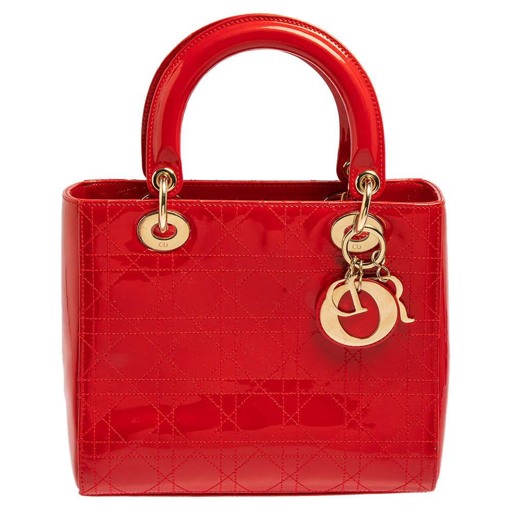 مملوكة مسبقًا Dior Red Cannage Patent Leather Medium Lady Dior Tote
