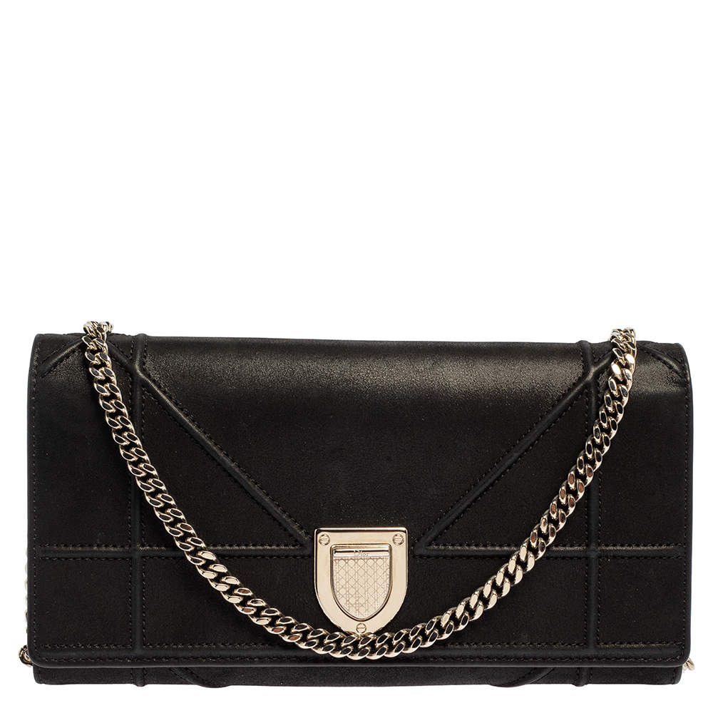 Pre Owned Dior Black Shimmering Leather Diorama Wallet on Chain