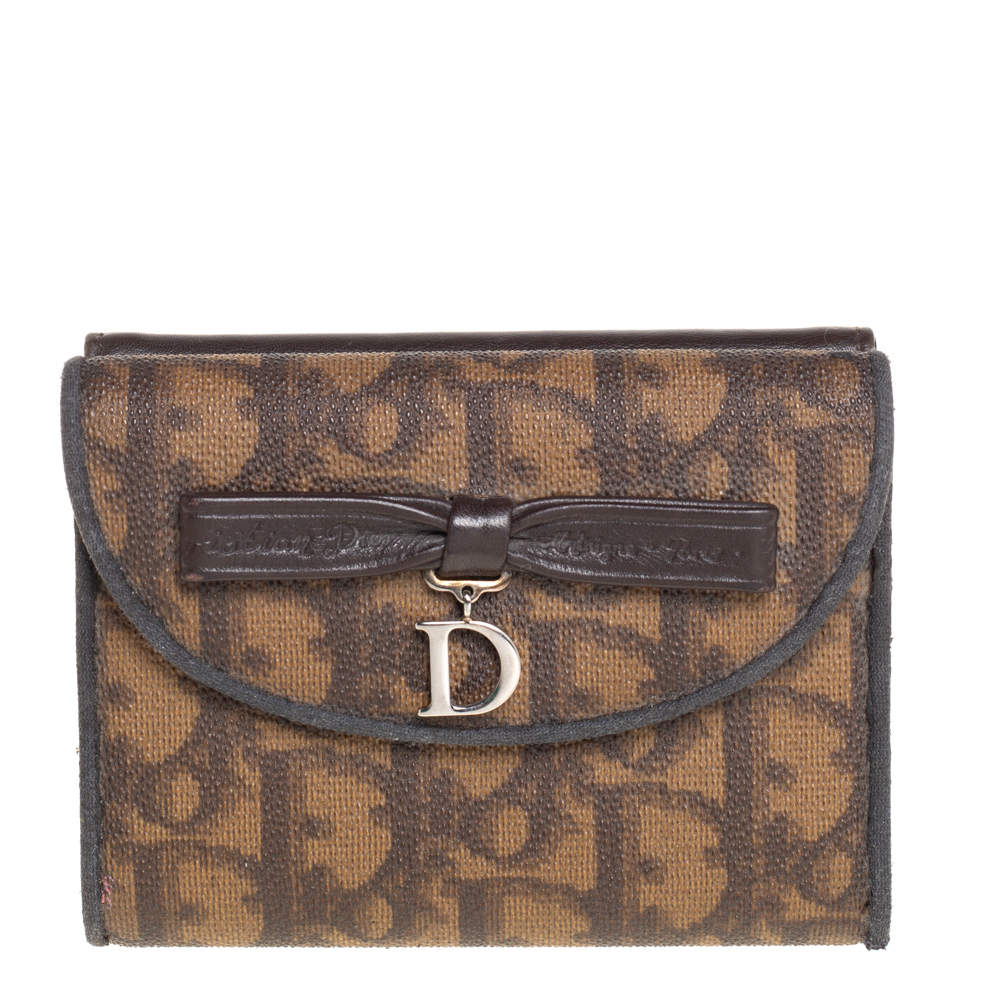 Pre Owned محفظة ديور جلد وكانفاس مقوى بنقوش ديوريسيمو بيج/وردية صغيرة