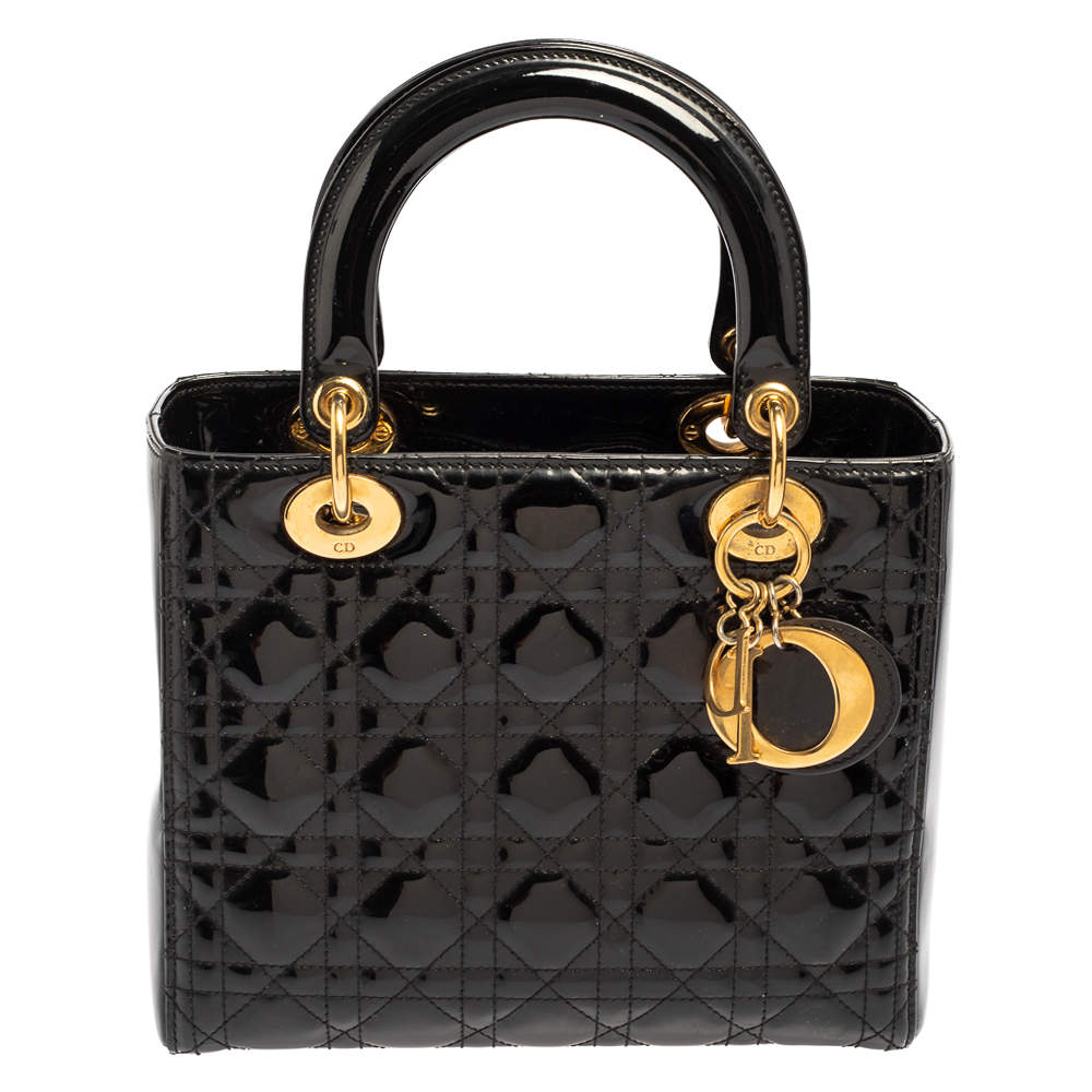 Pre Owned Dior Black Cannage Quilted Patent Leather Medium Lady Dior Tote