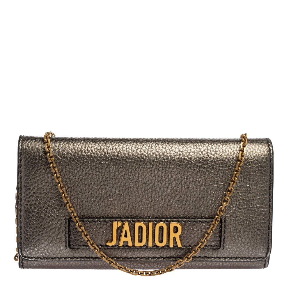 Pre Owned Dior Metallic Grey Leather J'adior Croisiere Wallet on chain