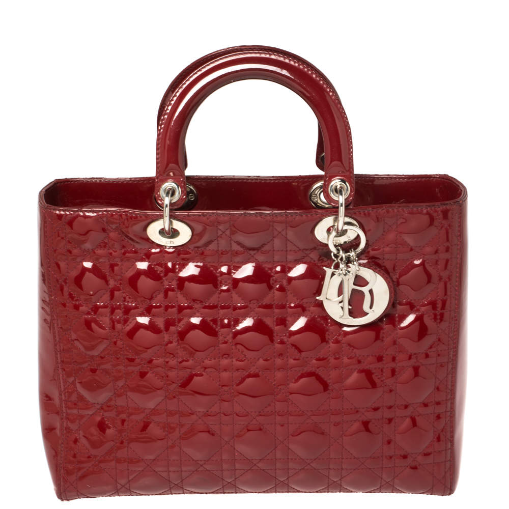 Dior Red Cannage Patent Leather Large Lady Dior Tote