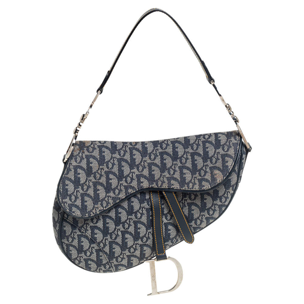 Pre Owned Dior Blue Oblique Canvas and Leather Saddle Bag