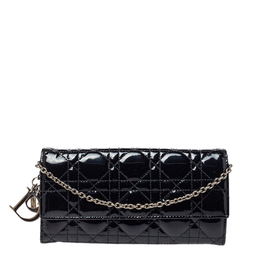 Pre Owned محفظة بسلسلة ديور ليدي ديور جلد لامعة كاناج سوداء