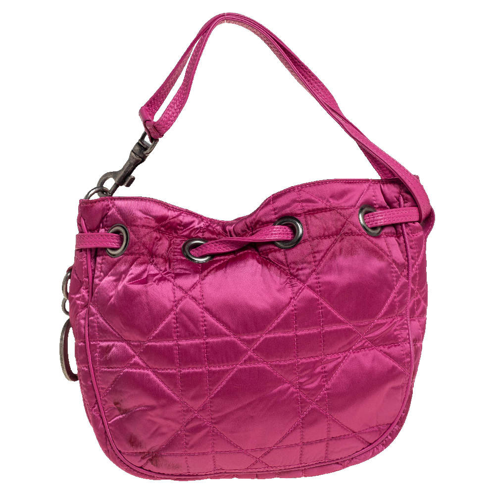 Pre Owned Dior Pink Cannage Quilted Nylon Drawstring Bucket Bag