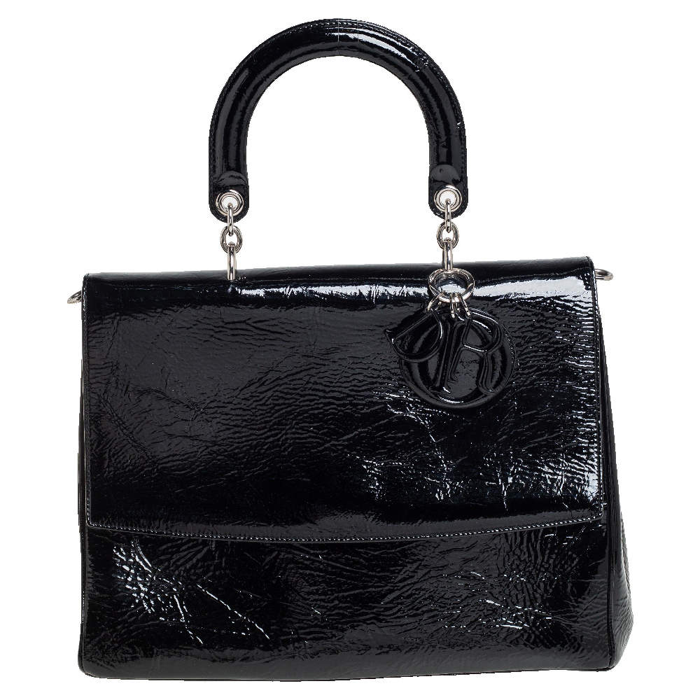 Pre Owned Dior Black Crinkled Patent Leather Be Dior Flap Top Handle Bag