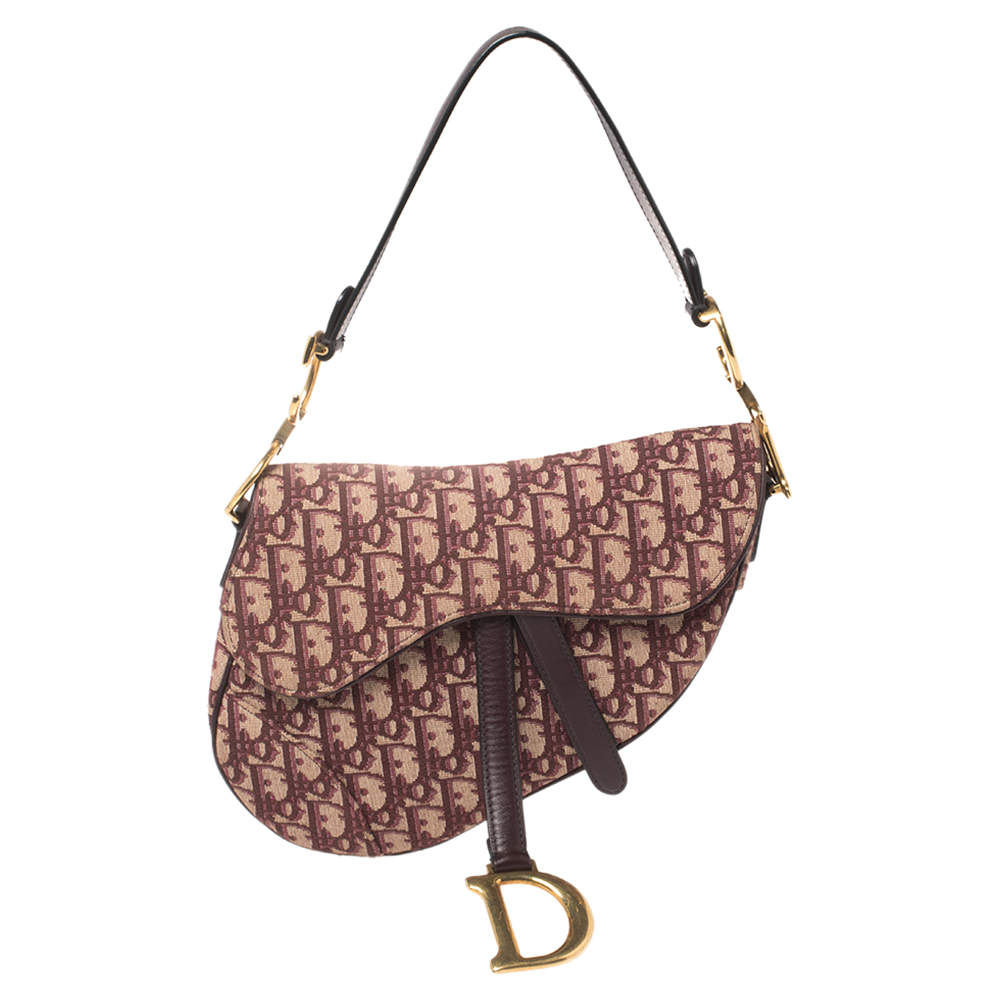 Pre Owned Dior Burgundy/Beige Oblique Canvas Saddle Bag