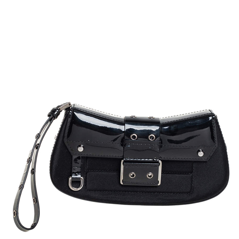 Dior Black Satin and Patent Leather Street Chic Clutch