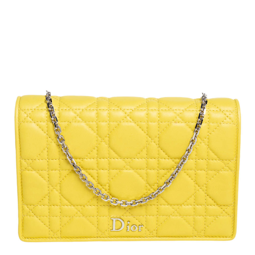 مملوكة مسبقًا Dior Yellow Cannage Leather Lady Dior Wallet on Chain