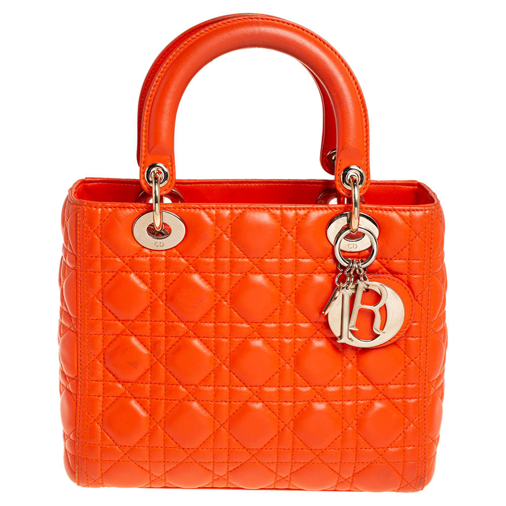 مملوكة مسبقًا حقيبة يد توتس ديور ليدي ديور متوسطة جلد كاناج برتقالي 
