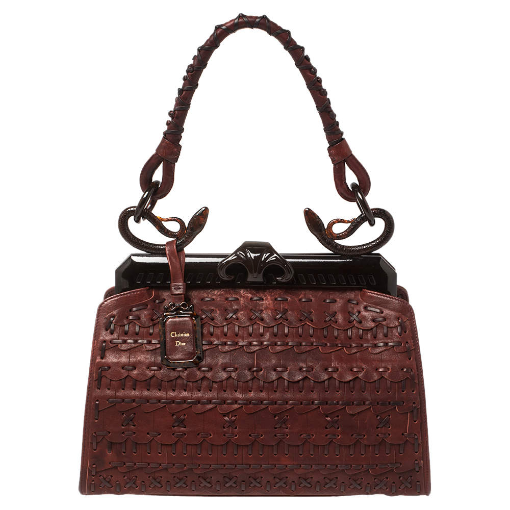 Pre Owned Dior Dark Red Woven Leather Limited Edition Samourai Armour Frame Bag