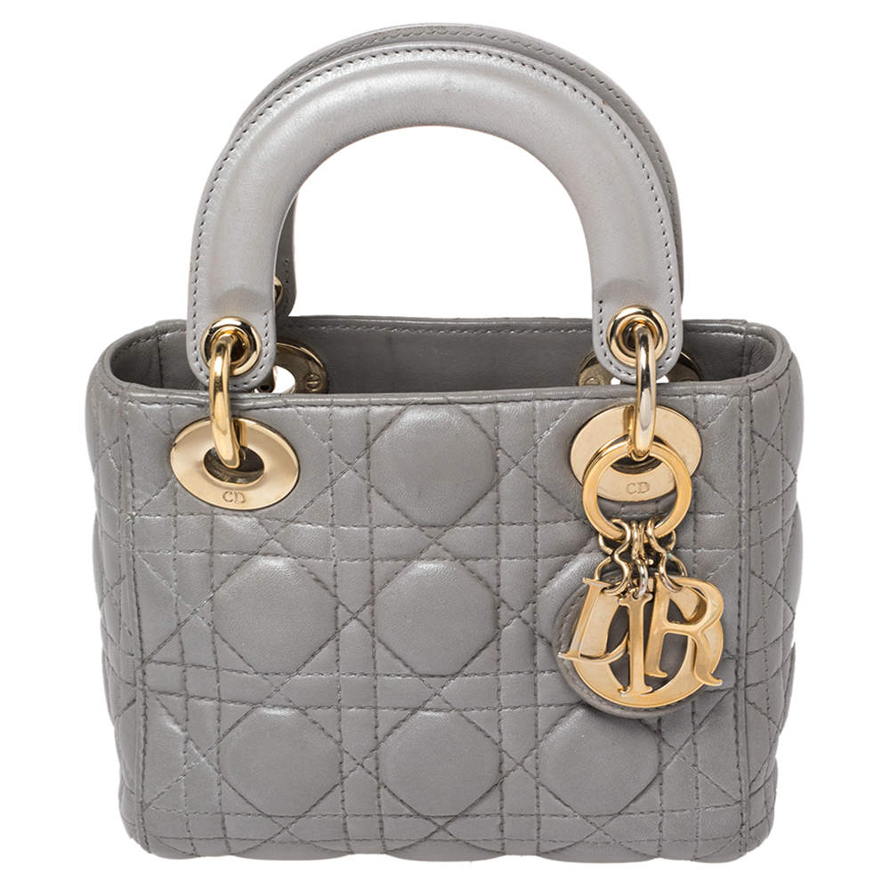 Pre Owned Dior Metallic Grey Cannage Leather Mini Lady Dior Tote