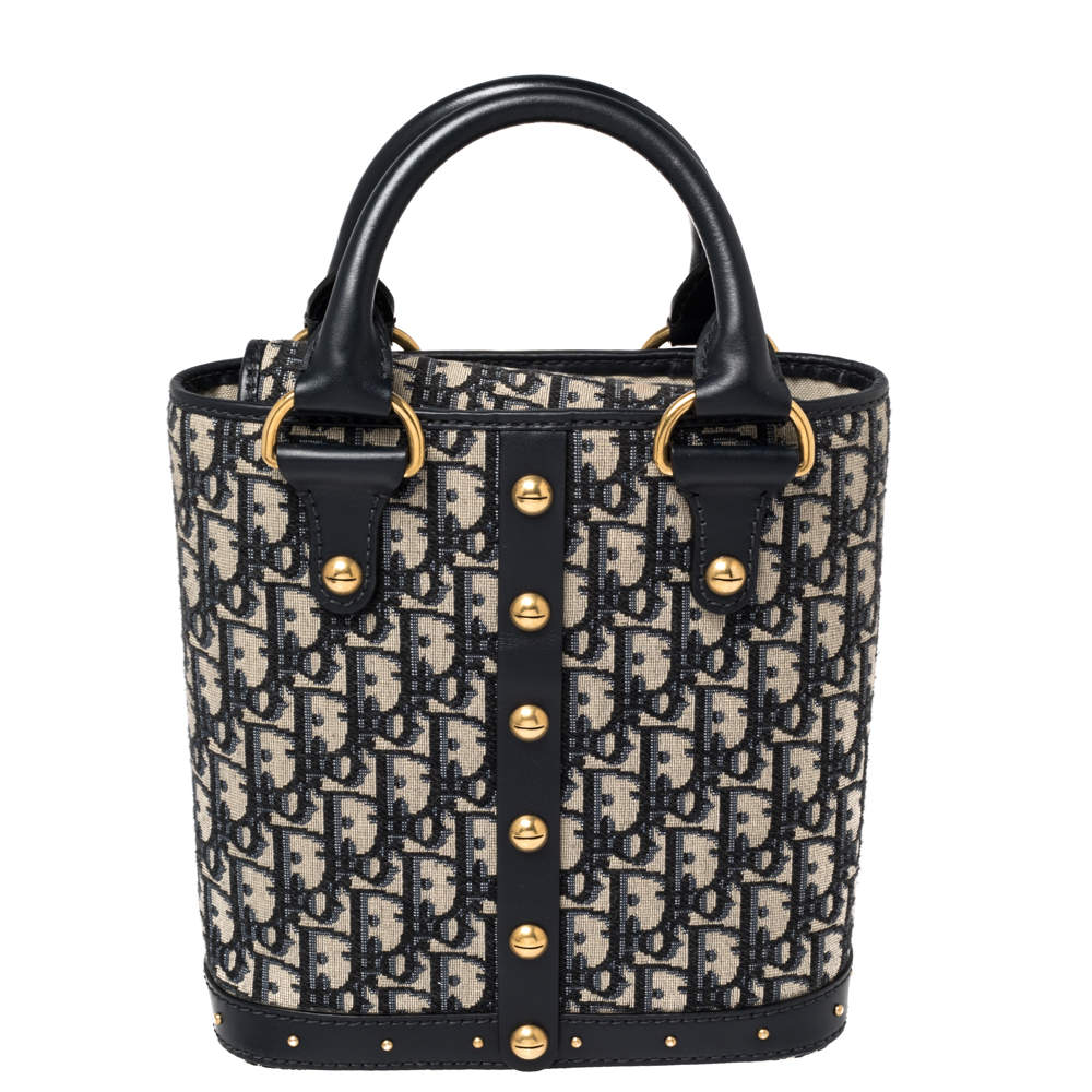 Pre Owned Dior Navy Blue Oblique Canvas and Leather Trim Small DiorAvenue Bag