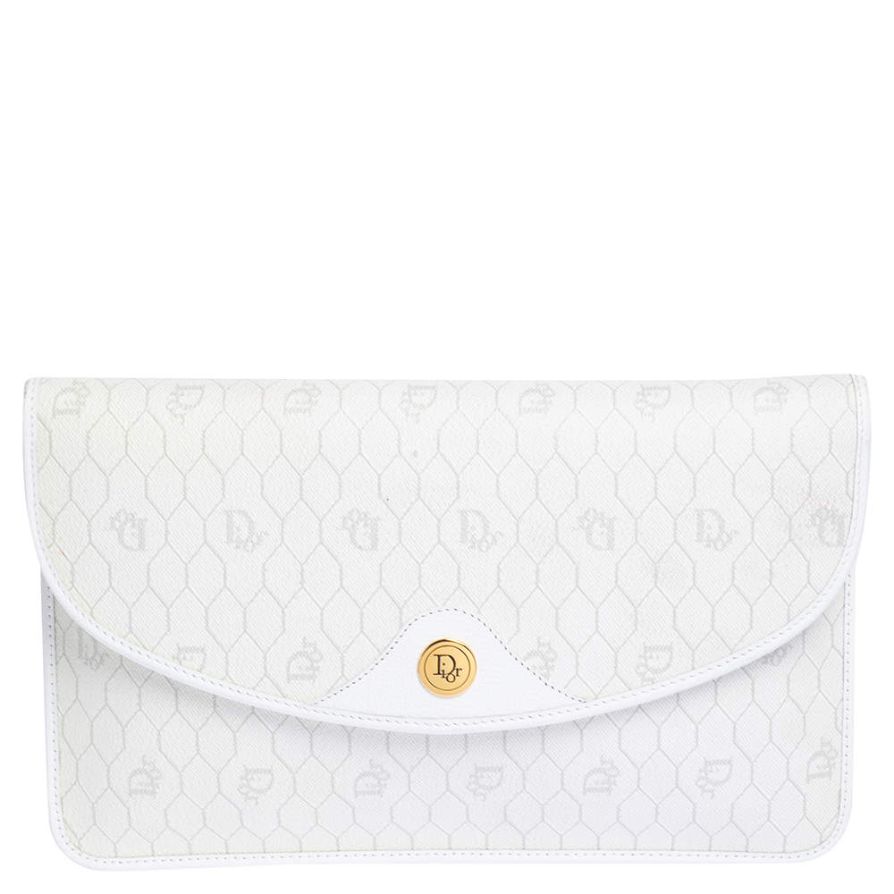 Pre Owned حقيبة كلتش ديور كانفاس مقوى وحواف جلد بيضاء نقشة خلية نحل