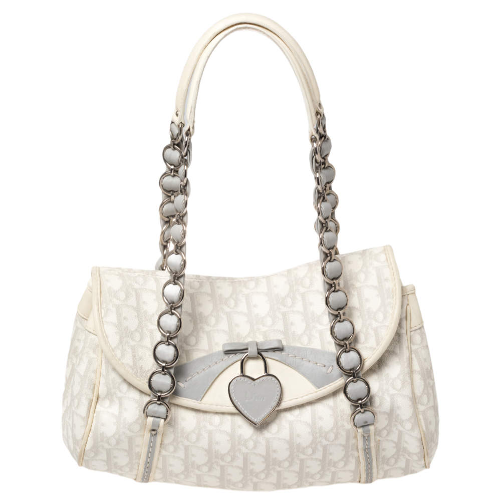مملوكة مسبقًا Dior White Oblique Coated Canvas and Leather Romantique Trotter Flap Bag