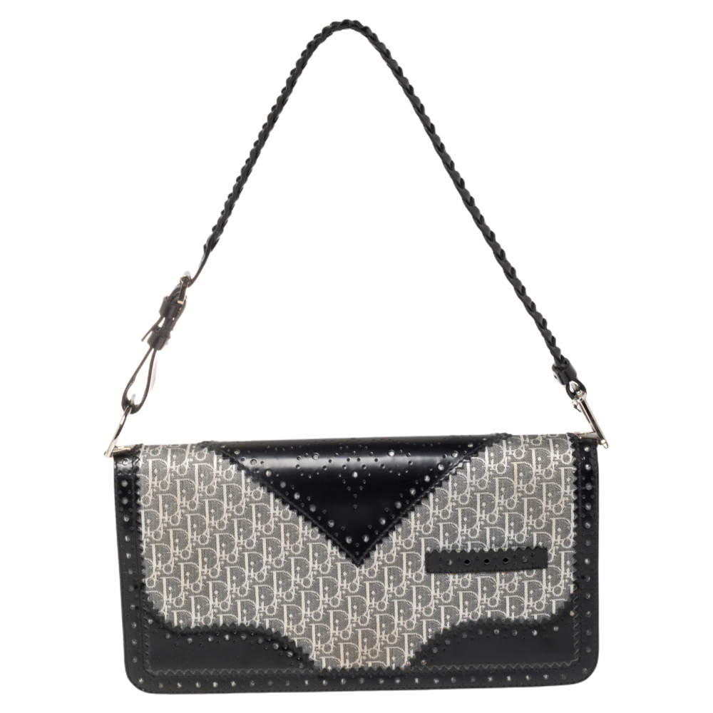 Dior Black/Grey Diorissimo Canvas and Leather Braided Strap Flap Baguette