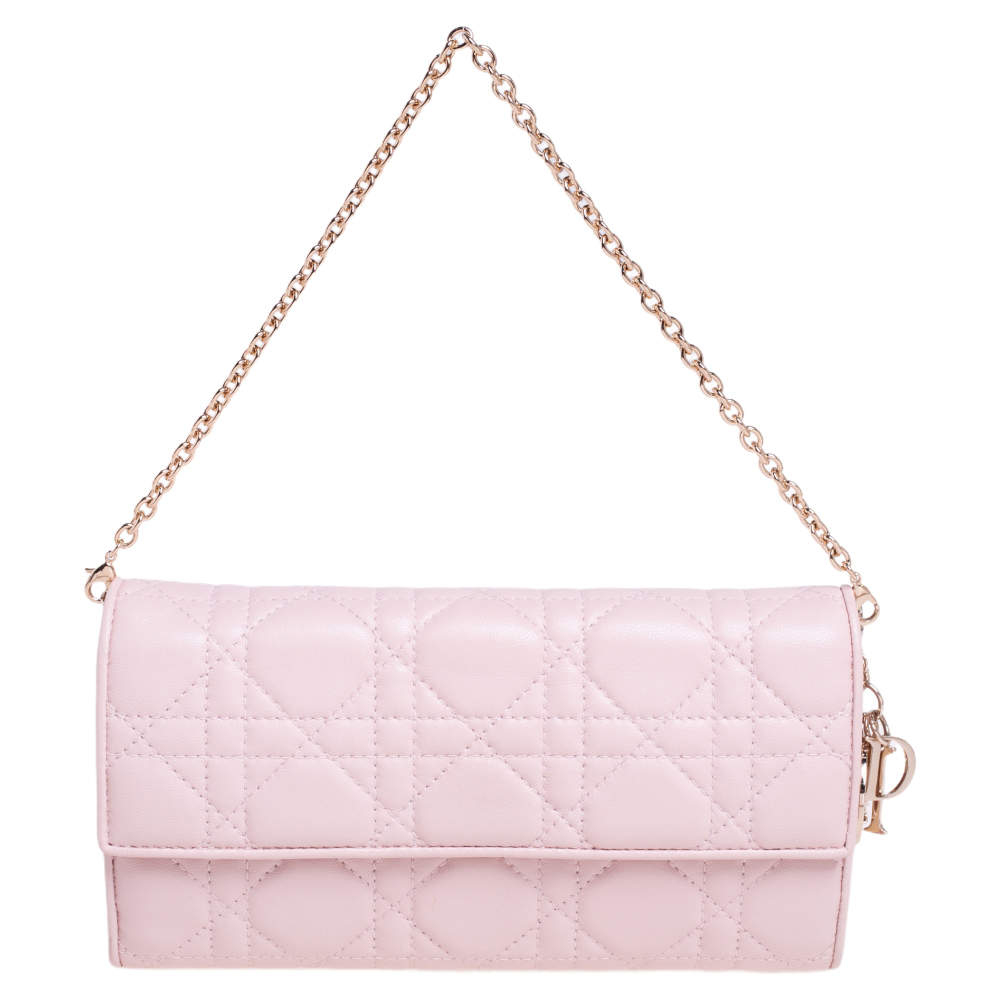 Dior Pink Cannage Leather Lady Dior Wallet on Chain