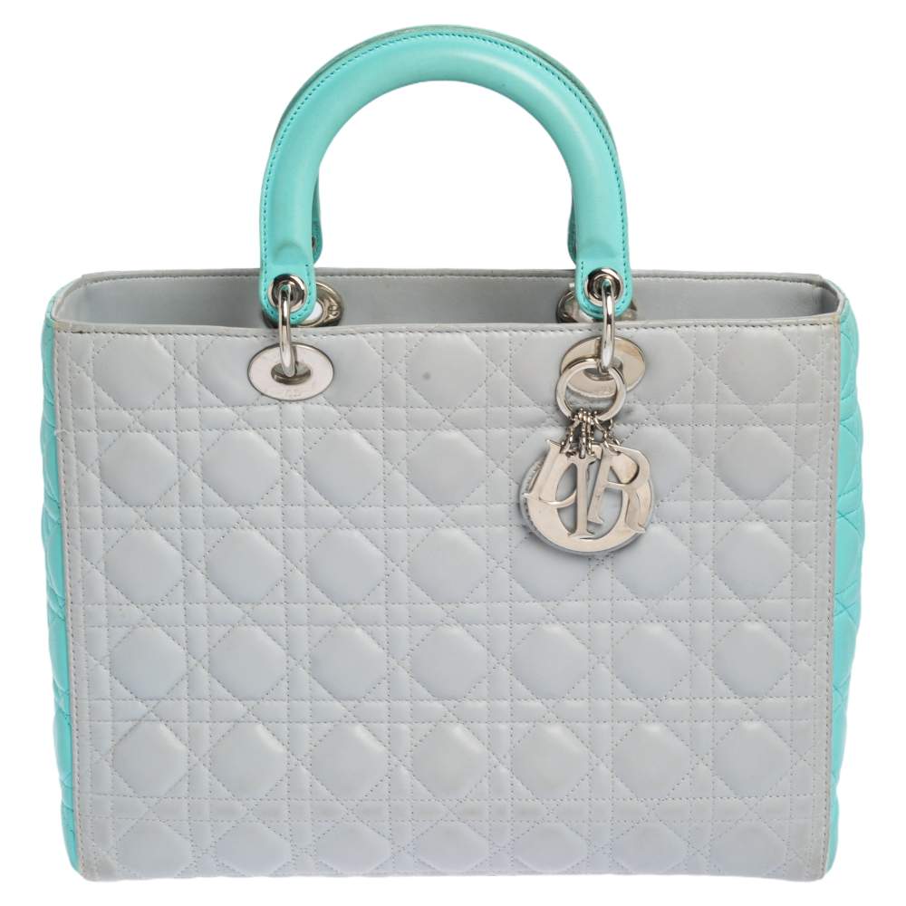 Pre Owned Dior Grey/Turquoise Cannage Leather Large Lady Dior Tote
