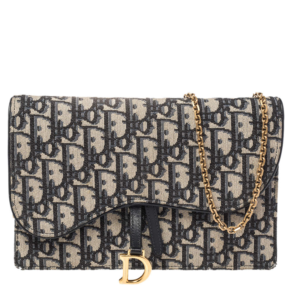 Pre Owned Dior Navy Blue/Beige Oblique Canvas Saddle Chain Pouch