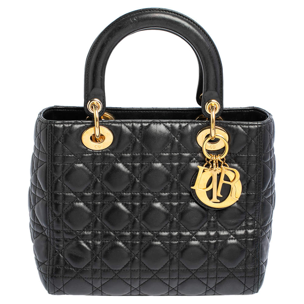 مملوكة مسبقًا حقيبة يد توتس ديور ليدي ديور جلد كاناج أسود متوسطة 