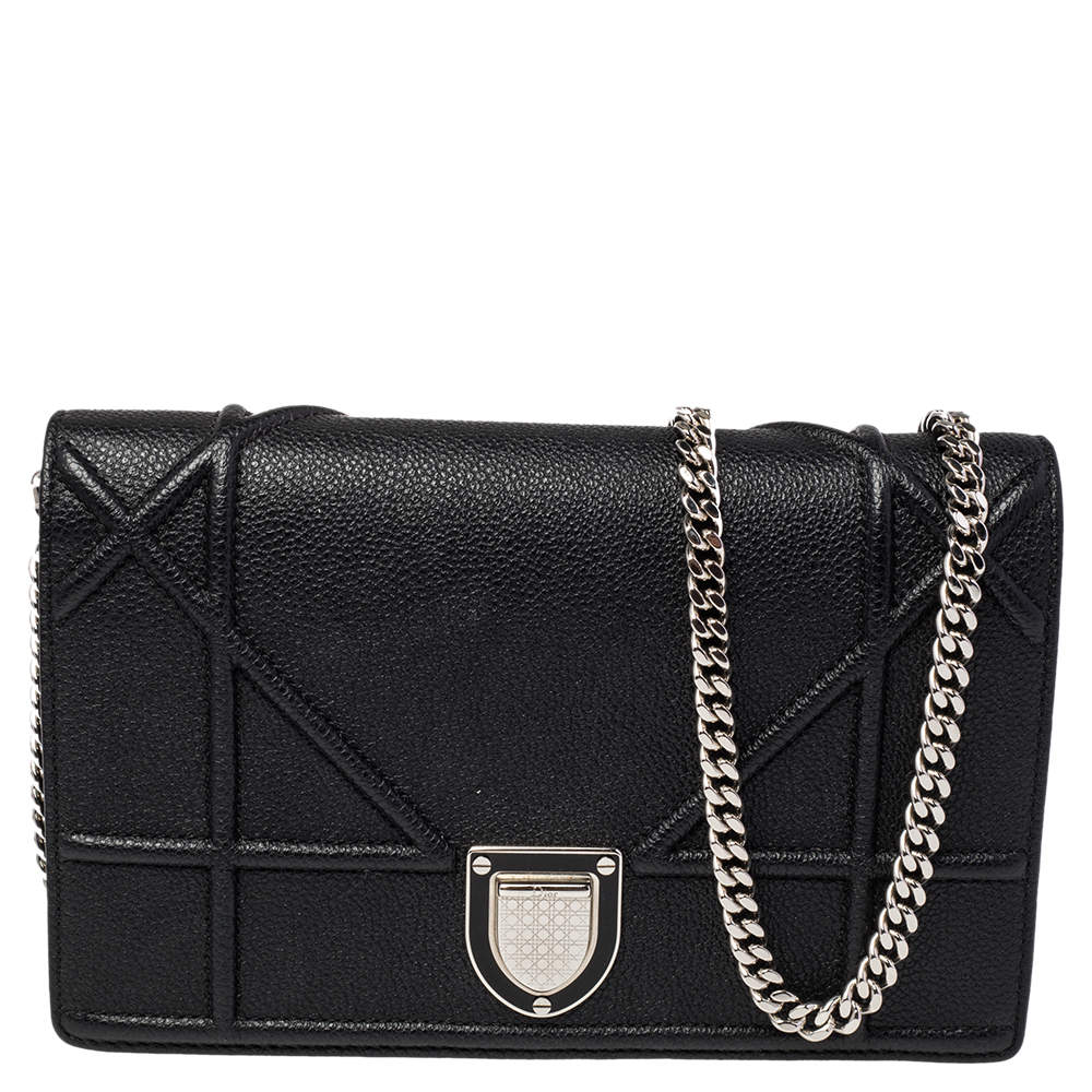 Pre Owned Dior Black Leather Diorama Wallet on Chain