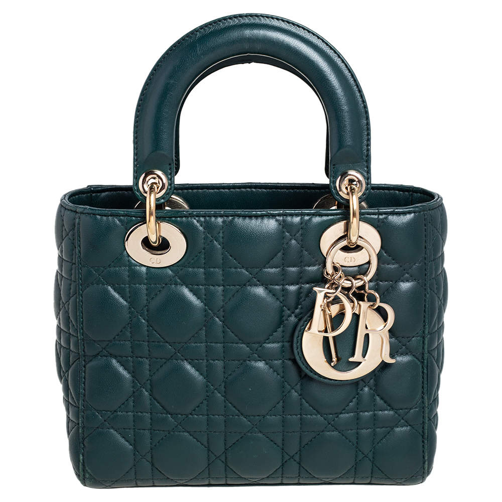 Pre Owned Dior Green Cannage Leather Small My Lady Dior Tote