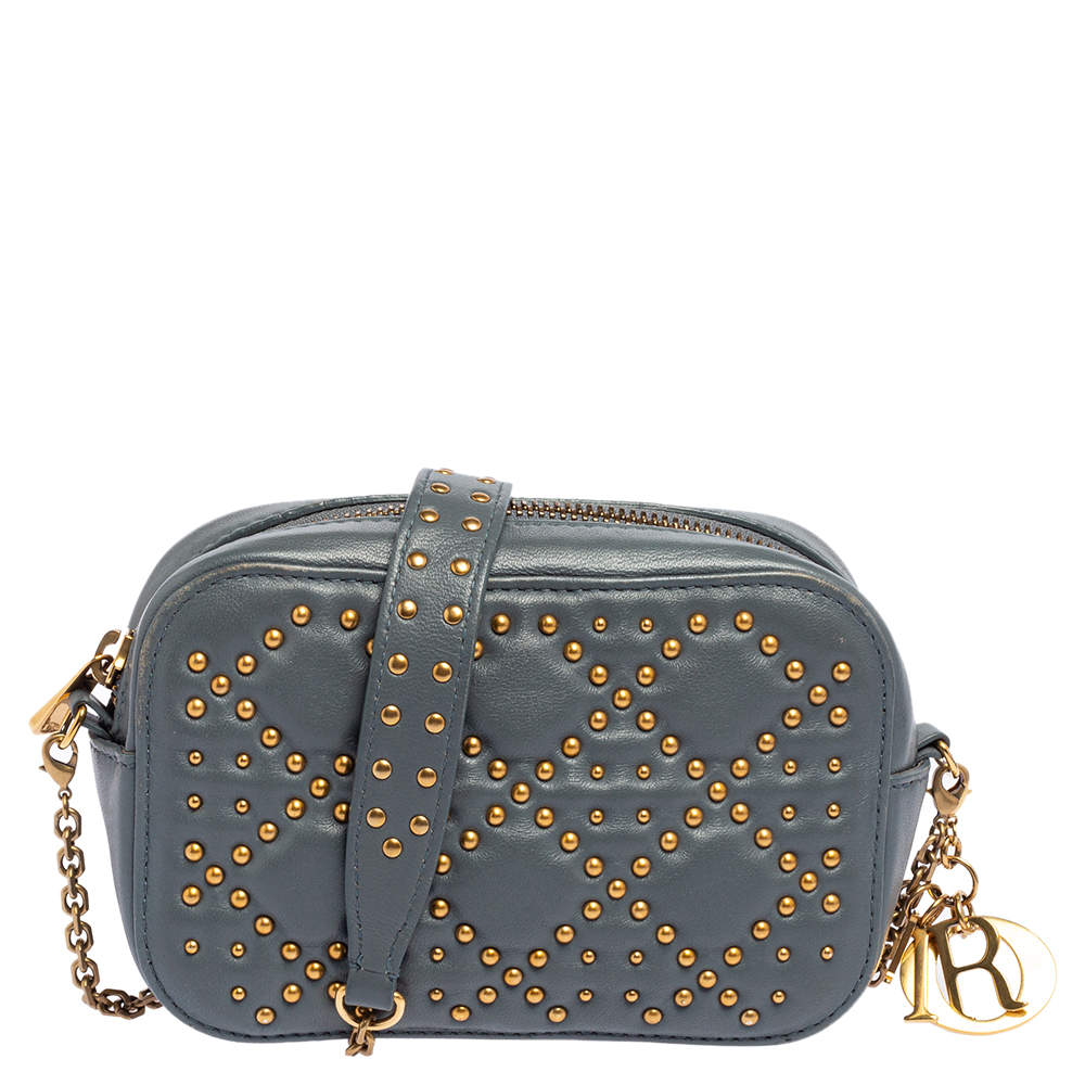 Pre Owned Dior Stone Blue Cannage Leather Lady Dior Camera Crossbody Bag