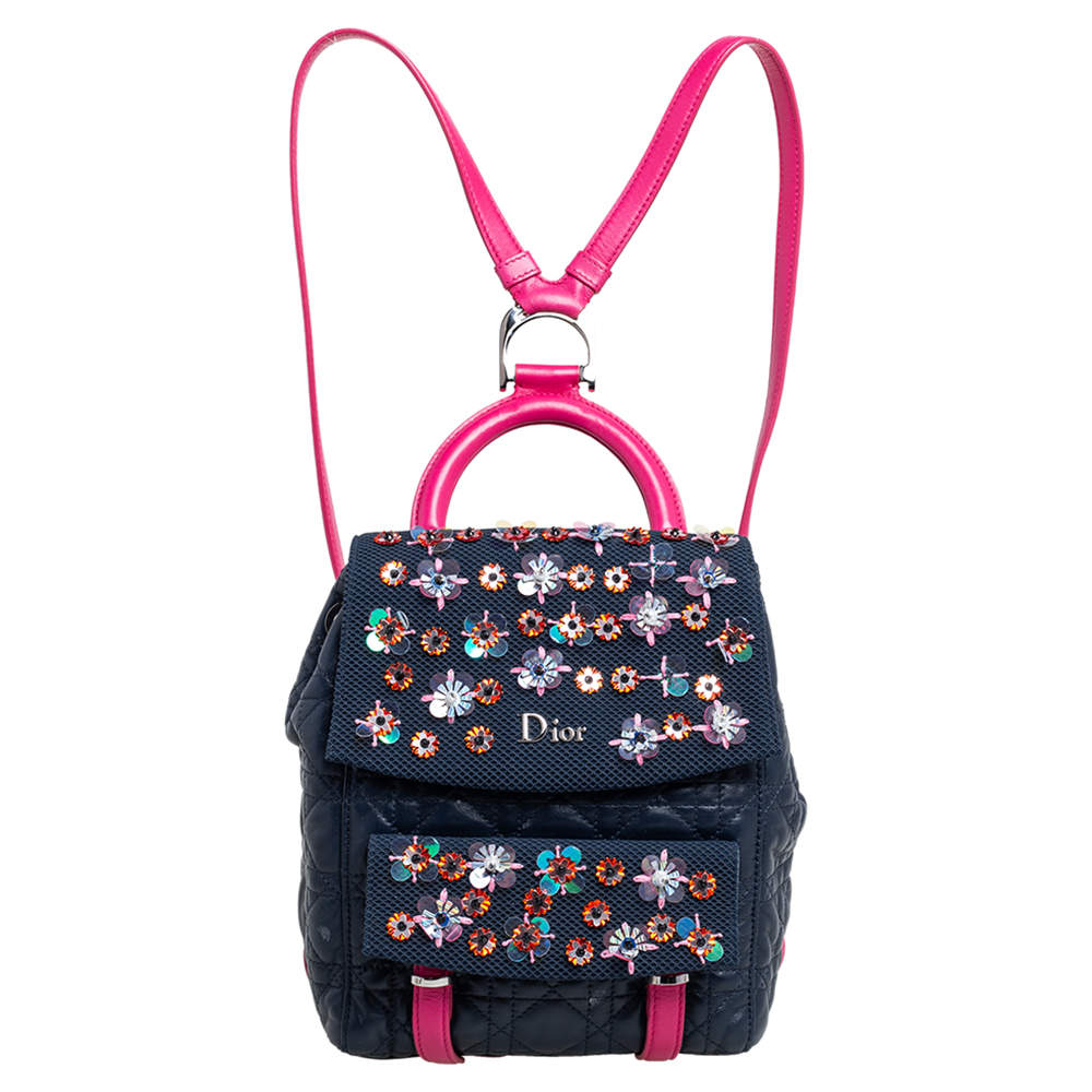Dior Black/Navy Blue Leather and Mesh Stardust Embellished Backpack