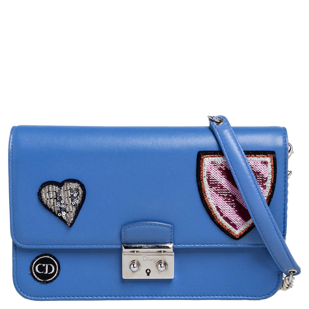 Pre Owned Dior Blue Leather Large Miss Dior Heart Badges Promenade Chain Clutch