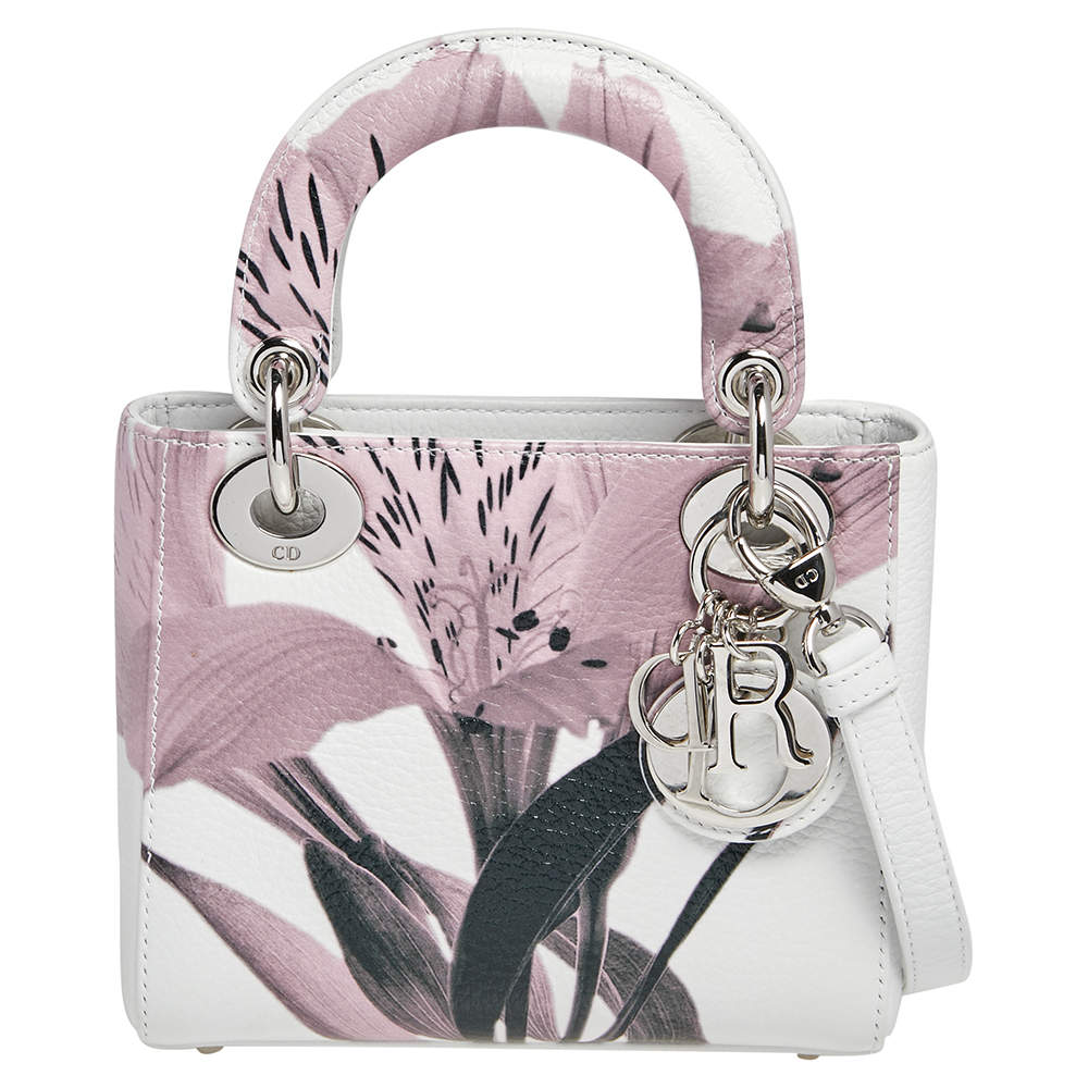مملوكة مسبقًا Dior White Floral Print Leather Mini Lady Dior Tote