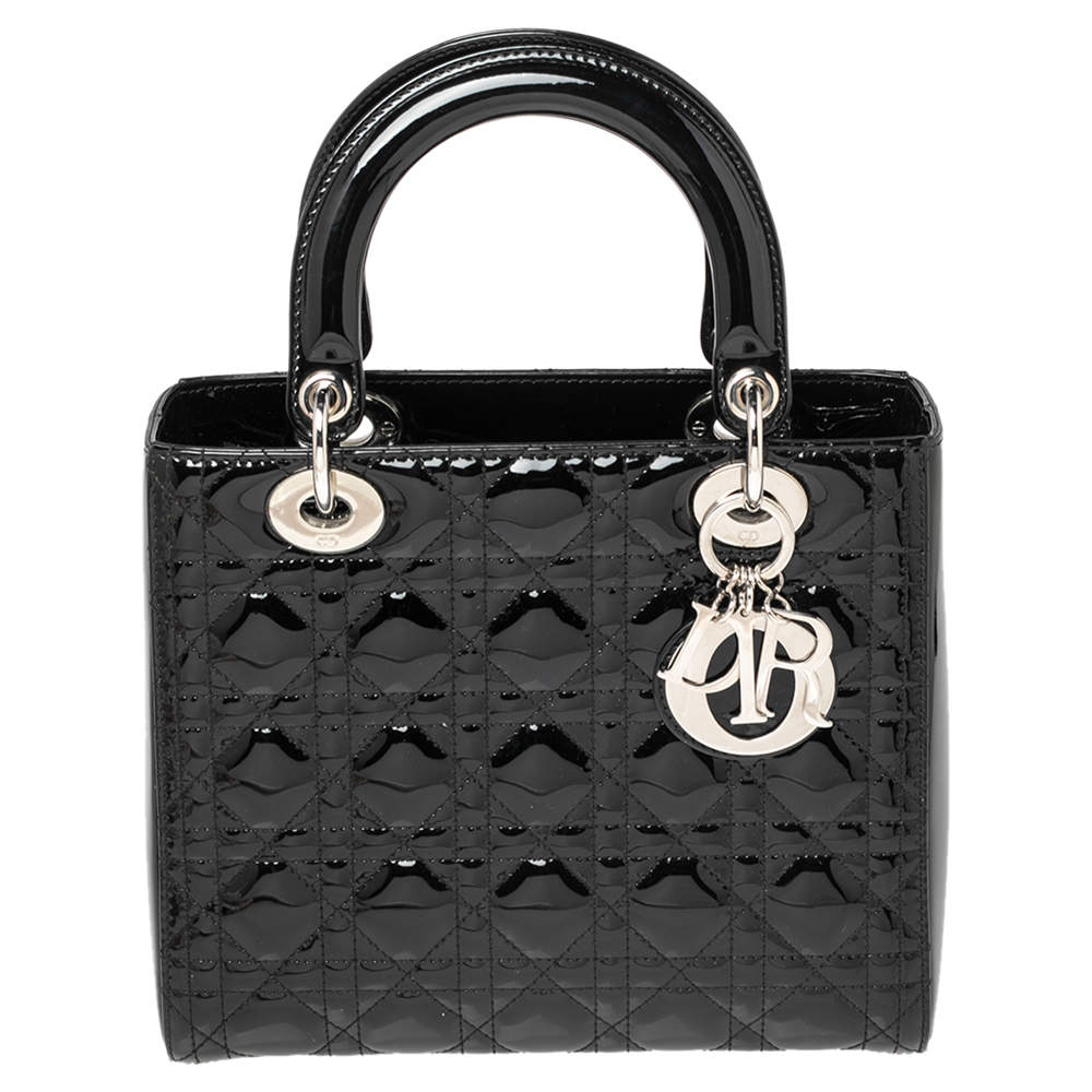 مملوكة مسبقًا Dior Black Cannage Patent Leather Medium Lady Dior Tote