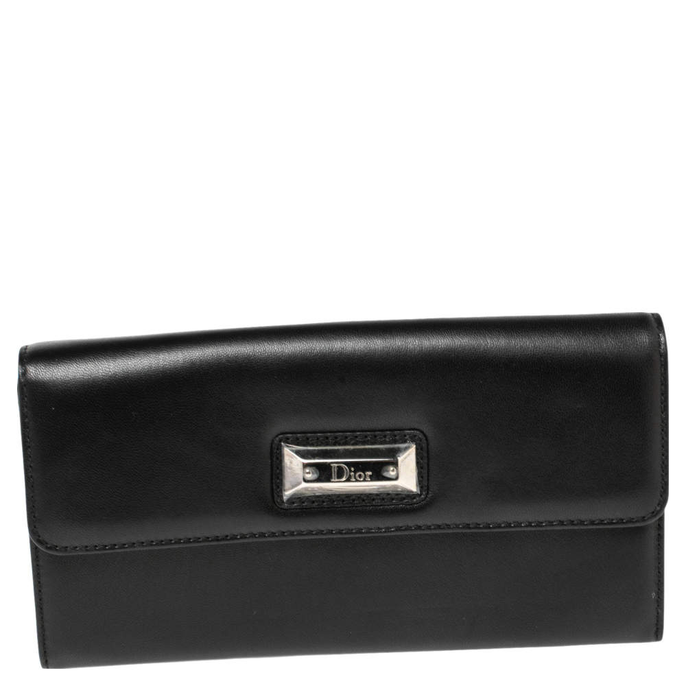 Dior Black Leather Logo Flap Continental Wallet