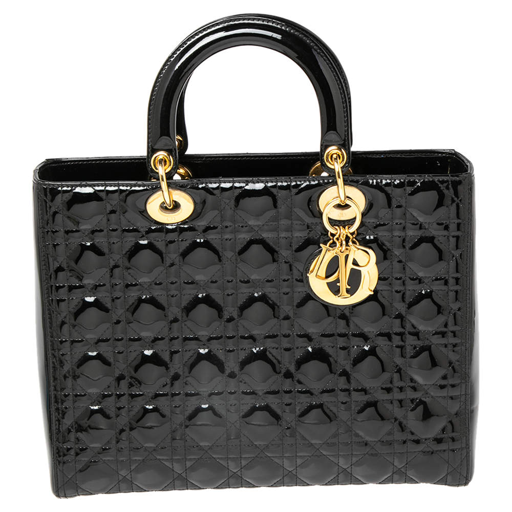 مملوكة مسبقًا Dior Black Cannage Patent Leather Large Lady Dior Tote