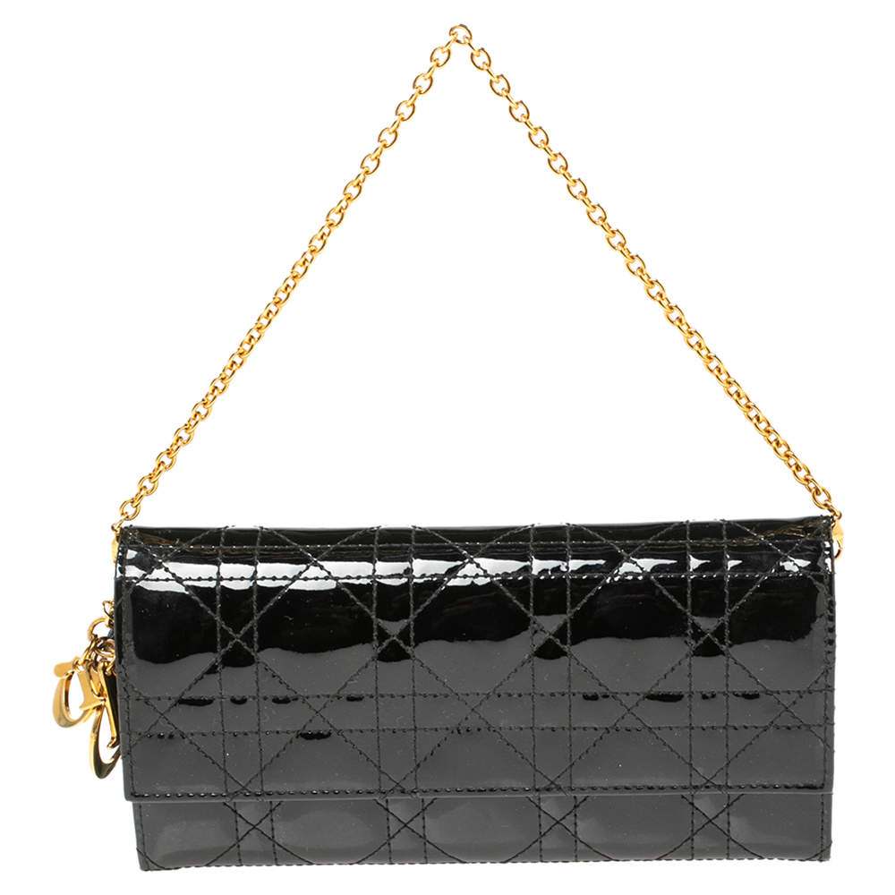 Pre Owned Dior Black Cannage Patent Leather Lady Dior Wallet On Chain
