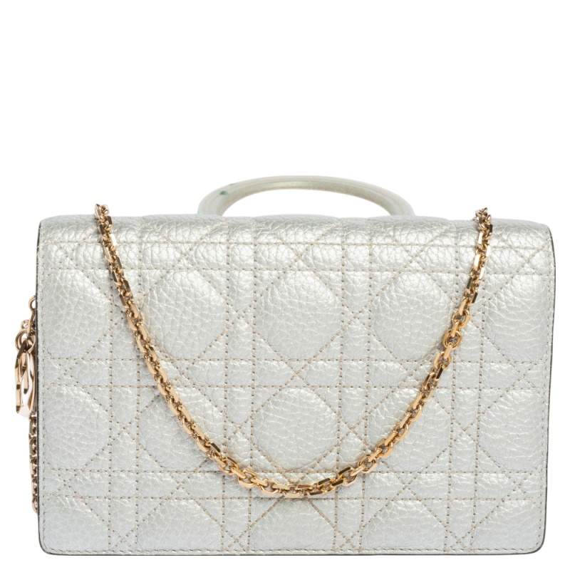 Pre Owned Dior Silver Cannage Leather Wallet on Chain
