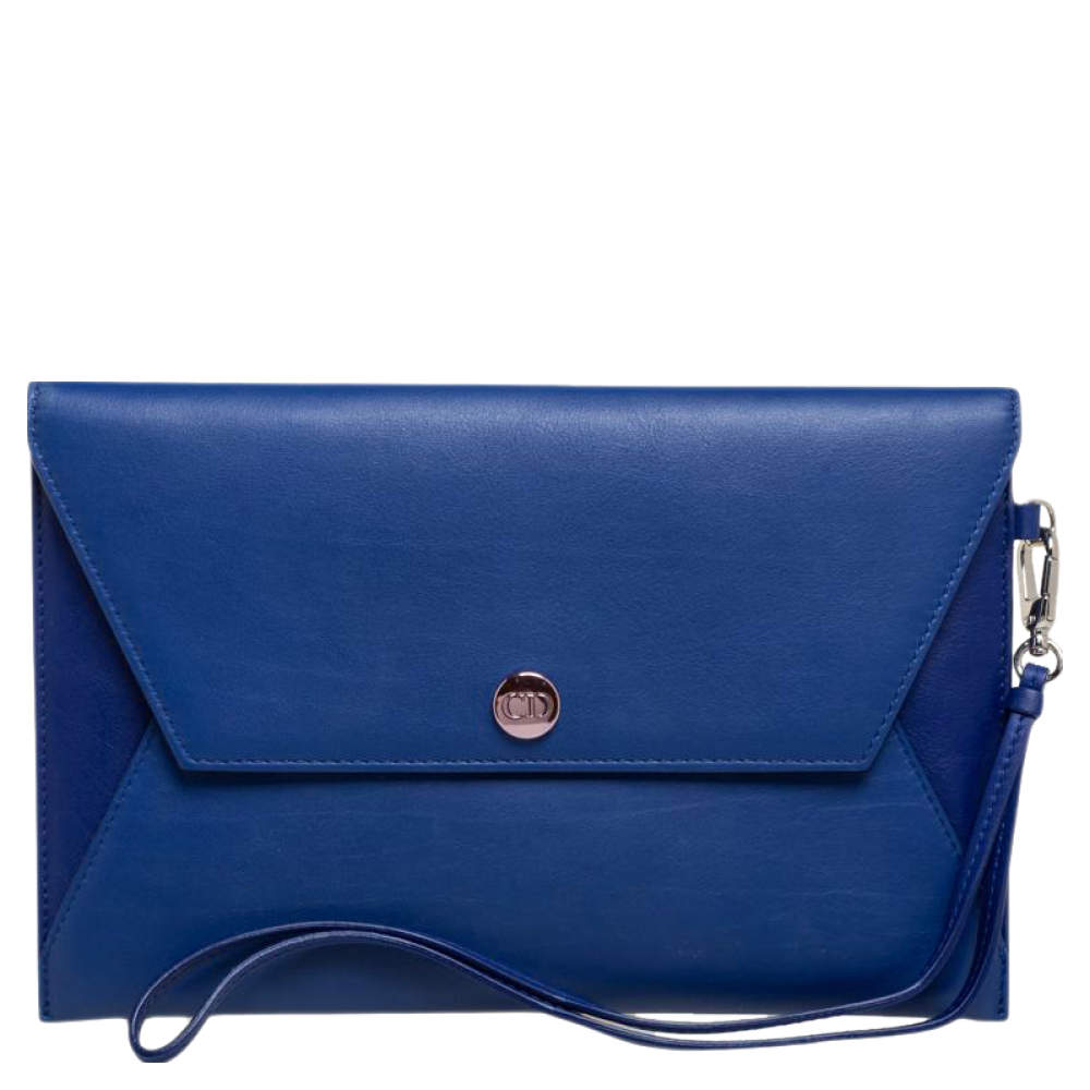 Pre Owned Dior Two Tone Blue Leather Wristlet Pouch