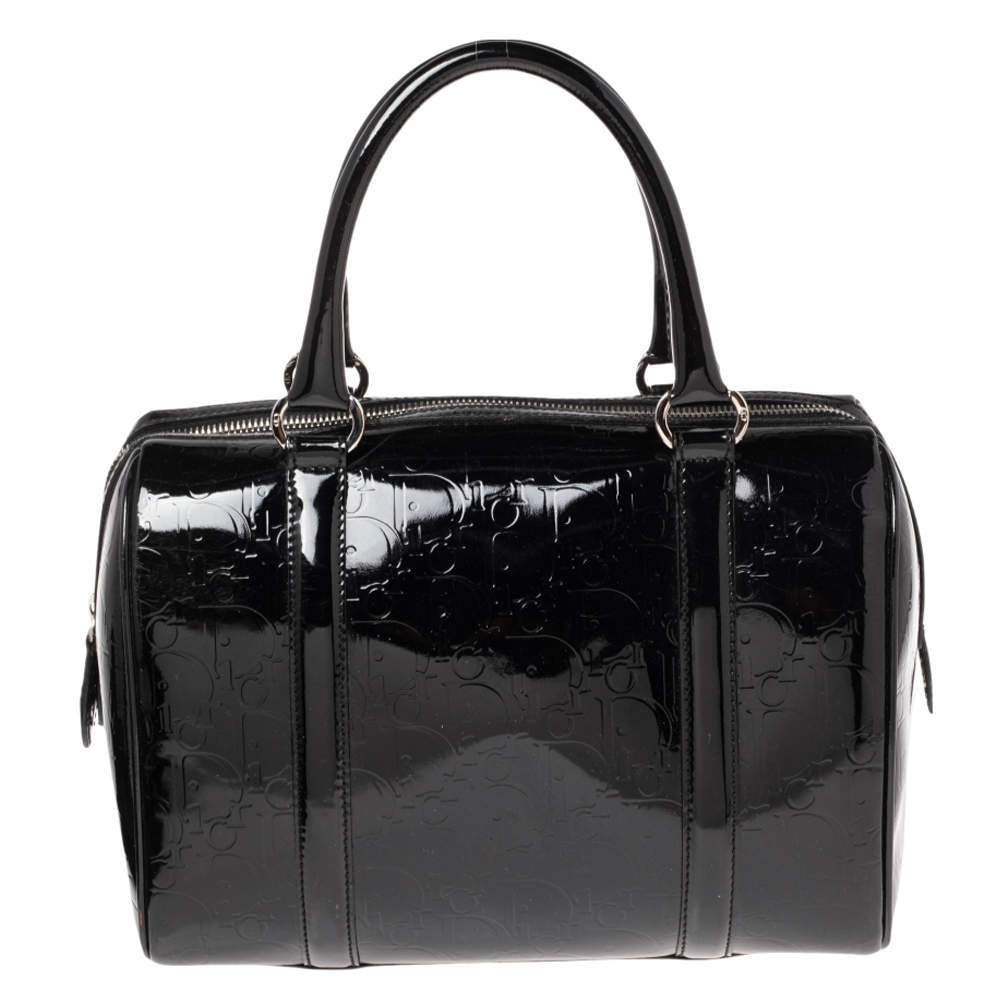 Pre Owned Dior Black Oblique Monogram Patent Leather Boston Bag