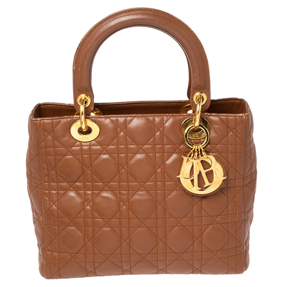 Pre Owned Dior Brown Cannage Quilted Leather Medium Lady Dior Tote